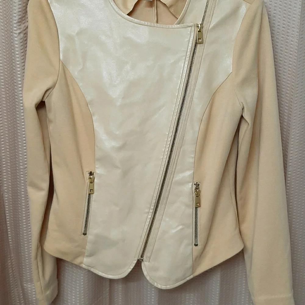 Forever 21 Asymmetrical Light Weight Jersey Knit Mixed Media Nude Moto Jacket